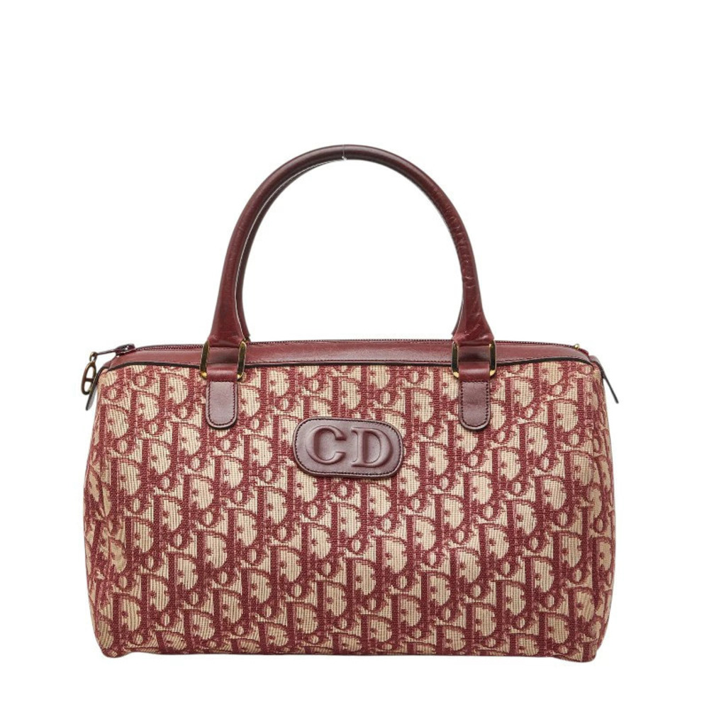 Christian Dior Trotter Boston Bag Handbag Red Canvas Leather